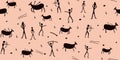 Seamless pattern depicting cave paintings with people and animals.